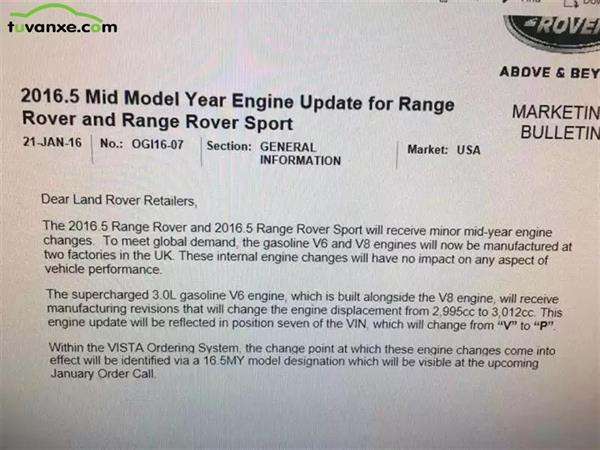 Range Rover HSE 2016 thay đổi dung tích động cơ lên 3,012 cc